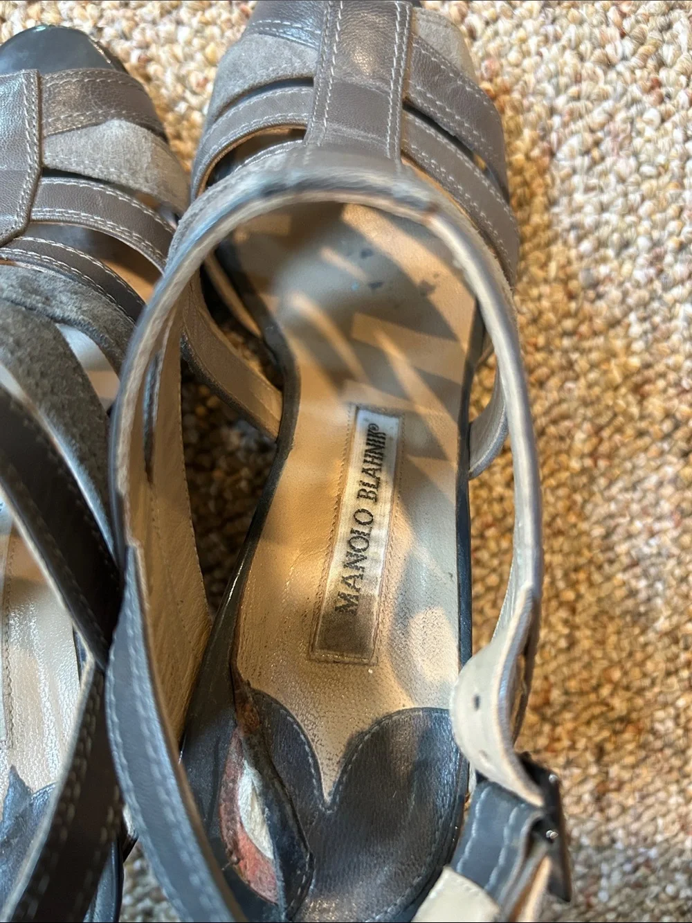 Manolo Blahnik Gray Strappy Suede & Leather Heels